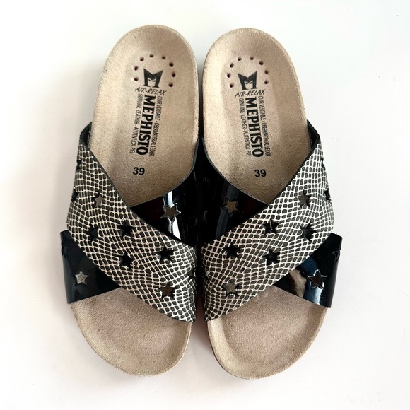 MEPHISTO NANOU STAR CROSSED STRAPS METALLIC/BLACK PATENT LEATHER SANDALS Sz9/39 - Picture 9 of 11